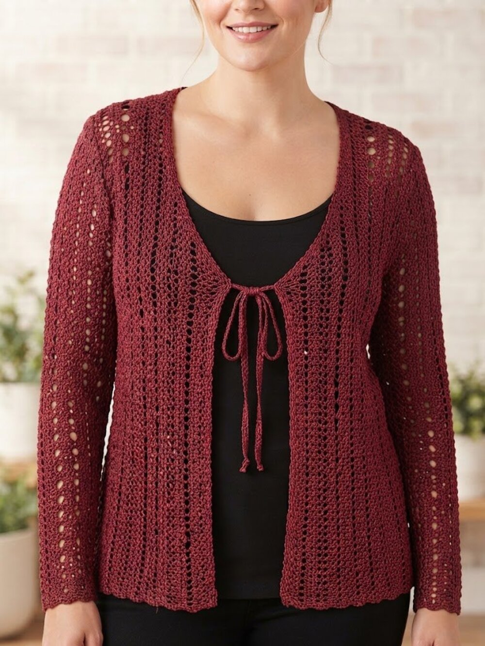 Burgundy Open Crochet Tie-Front Cardigan